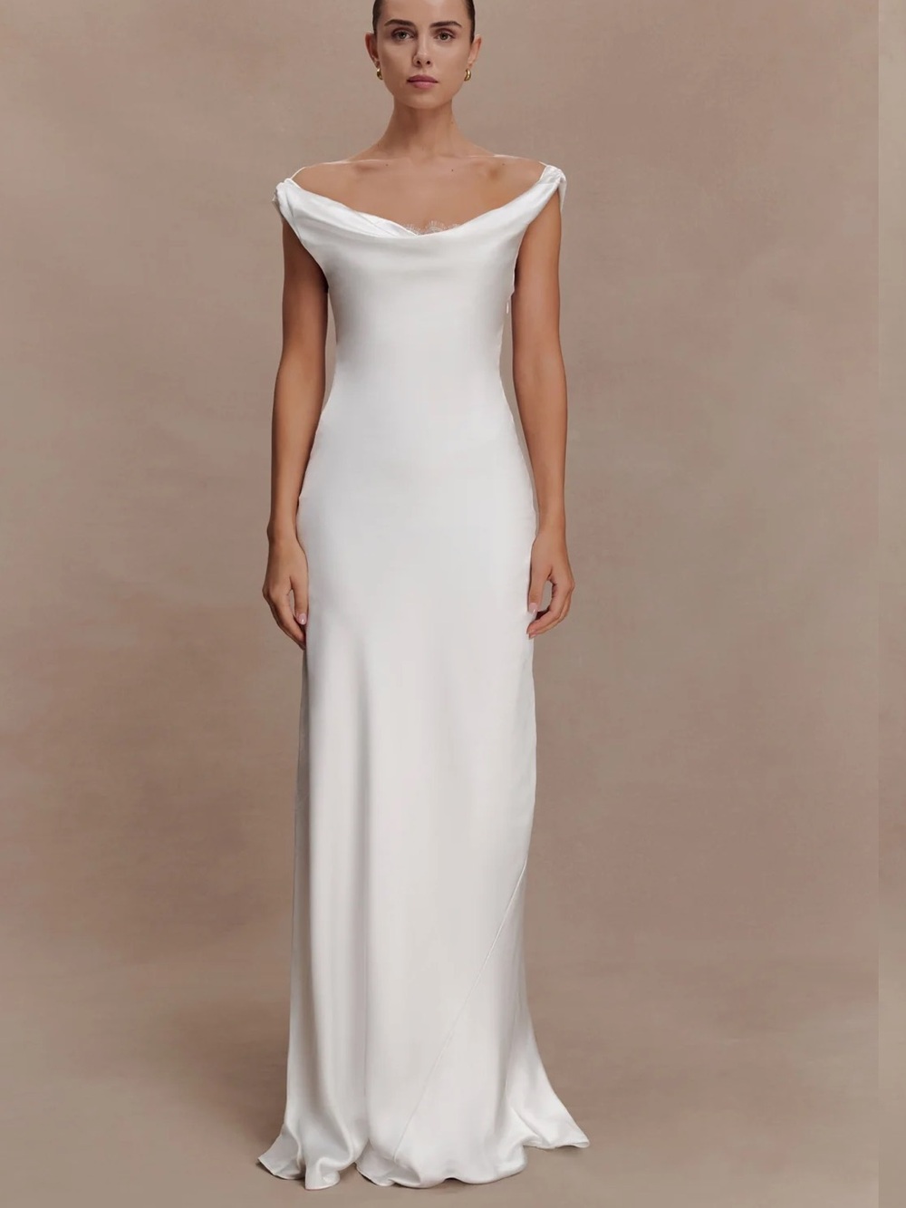 Meshki Ivory Off-Shoulder Satin Maxi Dress